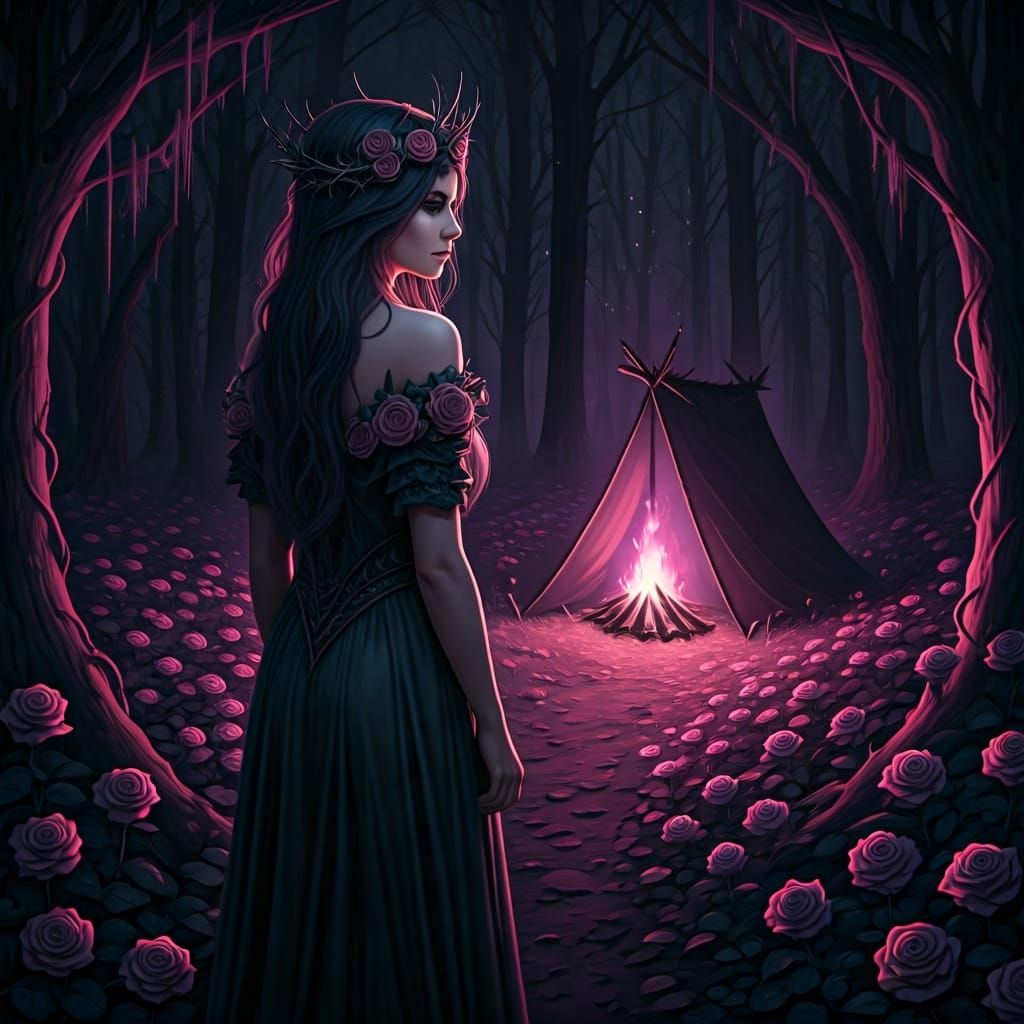 Dark Fantasy Camp in Violet Glade: Ethereal Digital Art