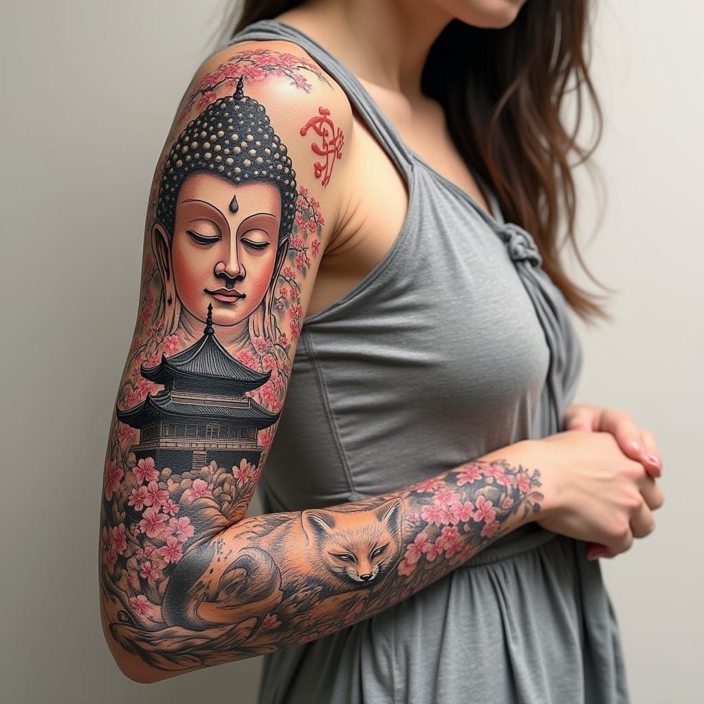 Serene Buddha Tattoo in Monochromatic Realism