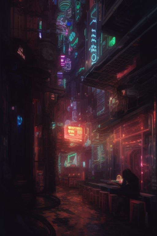 Cyberpunk Neon Bar in Futuristic Cityscape