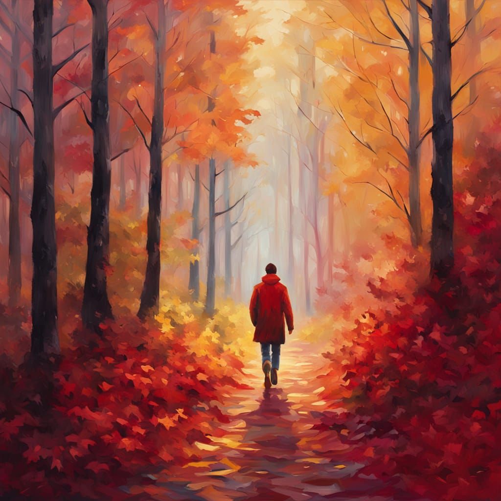 Crimson and Gold Forest in Impressionistic Style