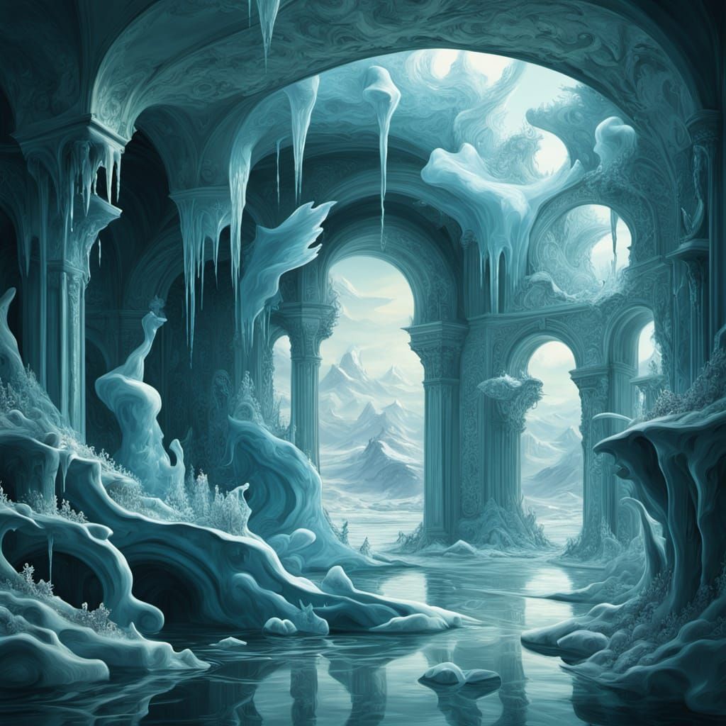 Surreal Underwater Ice Palace with Bioluminescent Life