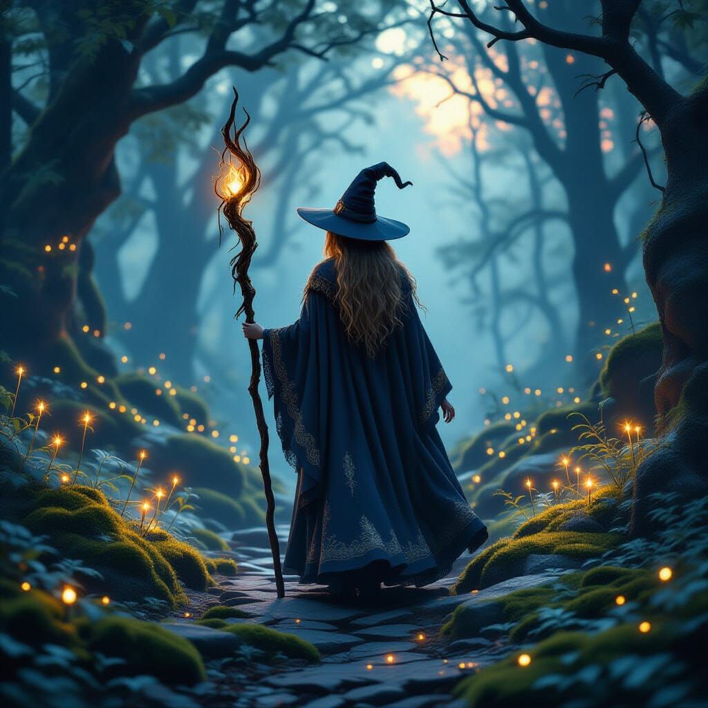 Witch in Enchanted Forest at Twilight with Luminescent Flora