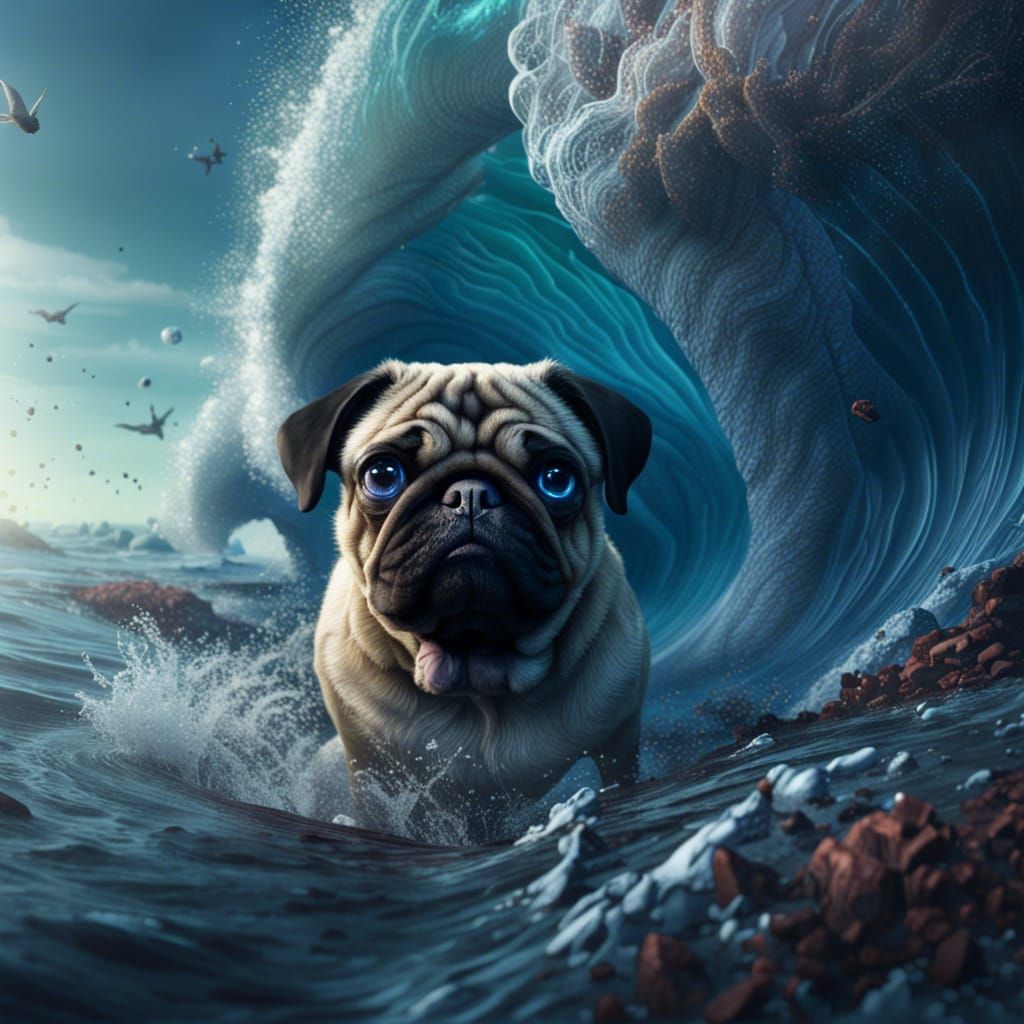 Hyperreal Pug in a Fantastical Ocean Scene
