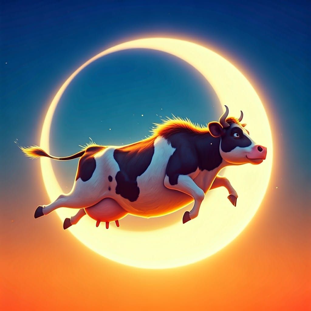 Cow Leaps Over a Vibrant, Radiant Moon