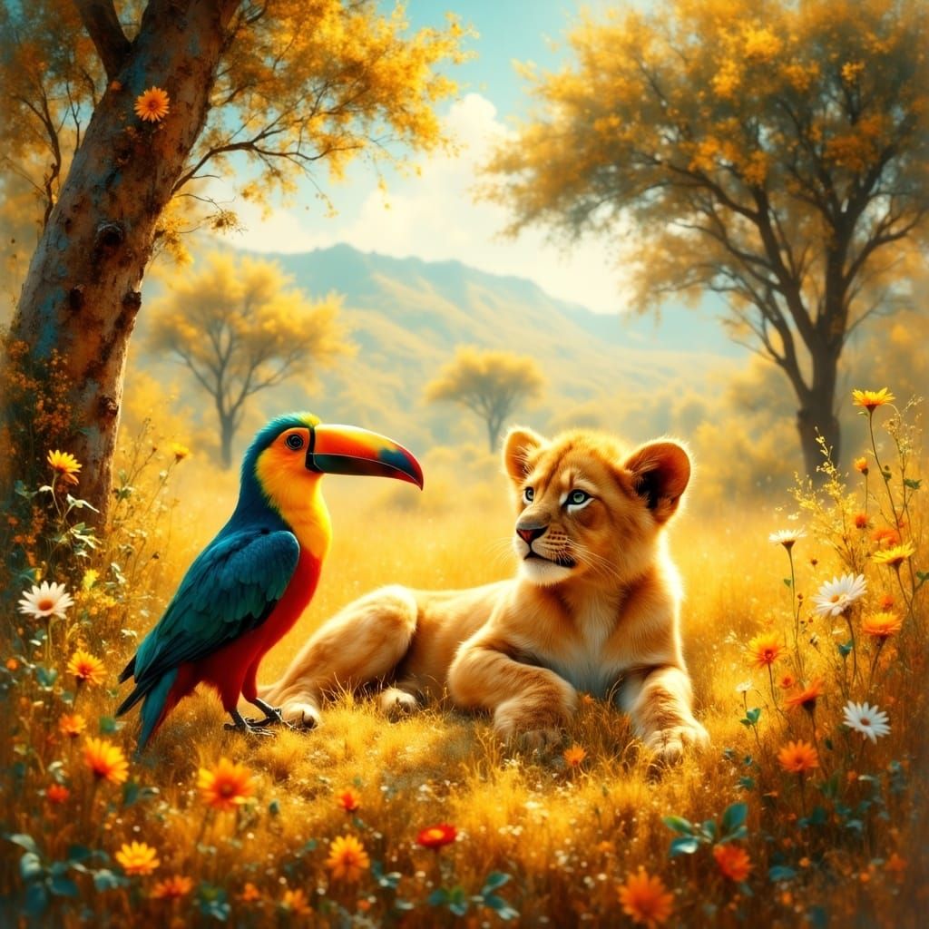 Serenely Golden Lion Cub in a Vibrant Savannah Wonderland