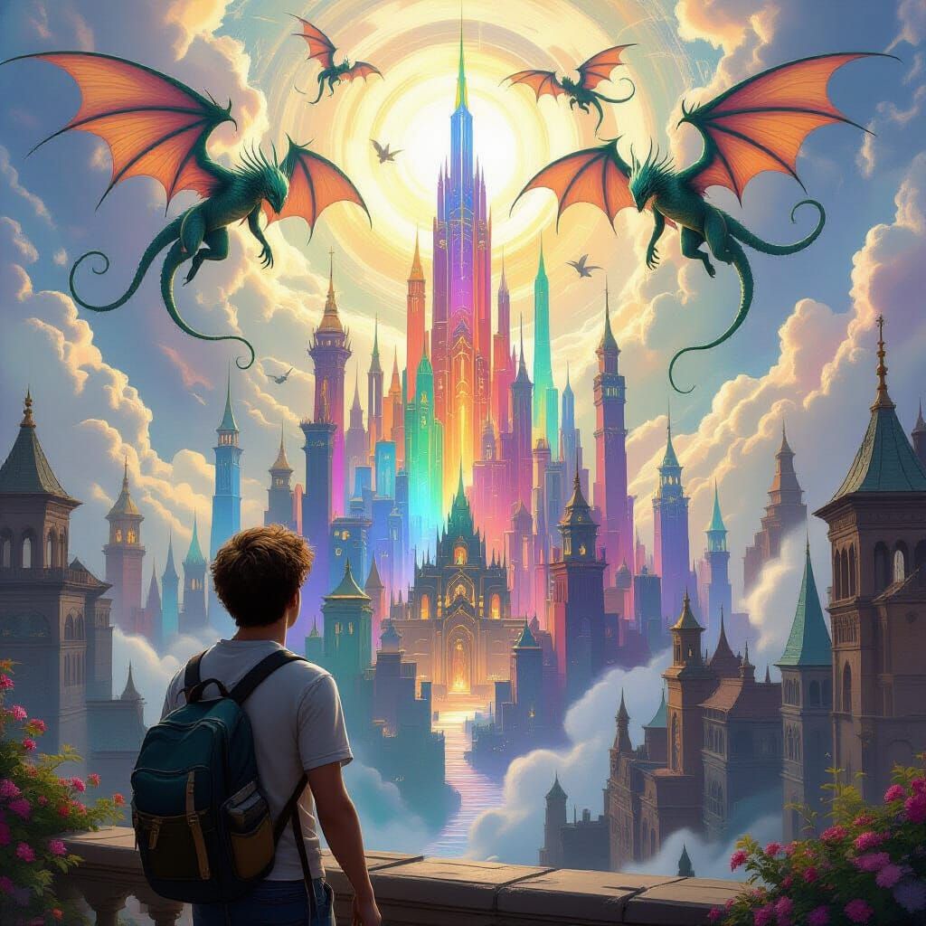 Mystical Cityscape with Rainbow Towers and Winged Creatures