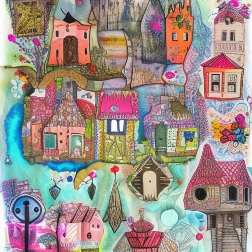 Spring Fantasy Village Collage in Naive Art Style