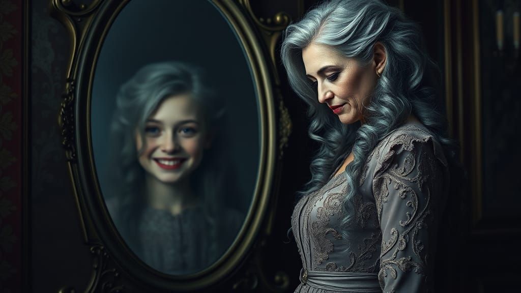 Elegant Woman in Victorian Regalia Contemplates Reflections