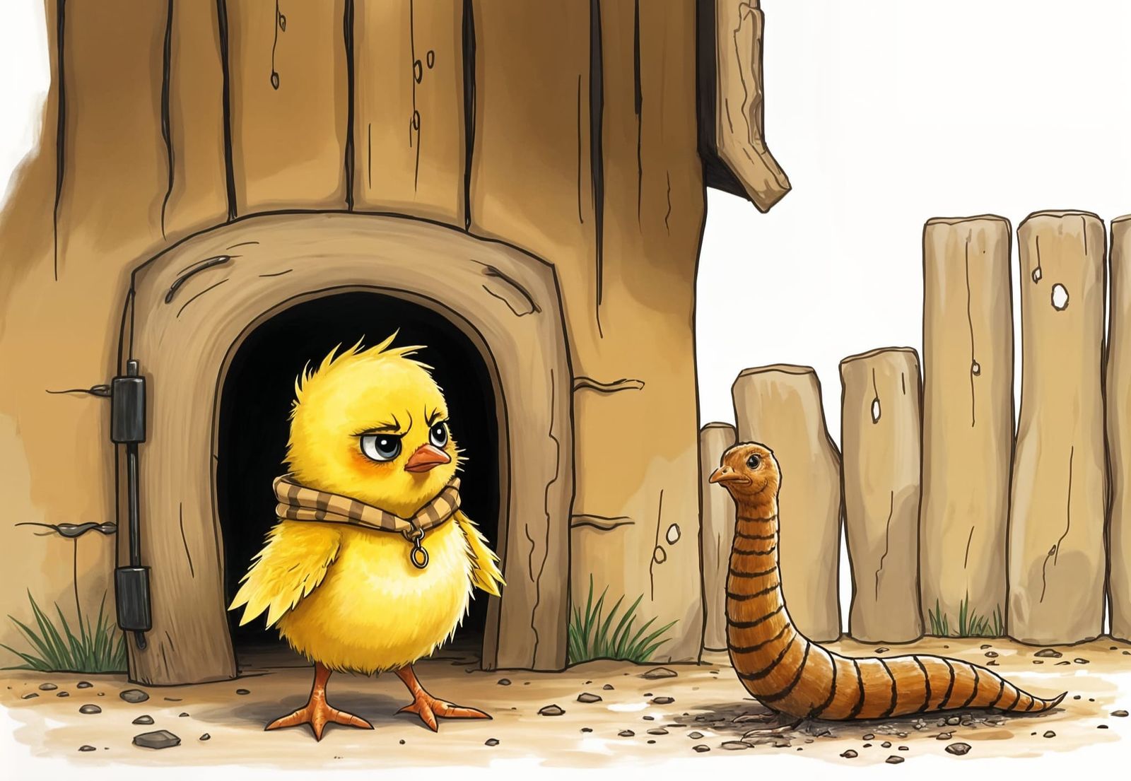 Grumpy Chick and Laughing Worm Illustration