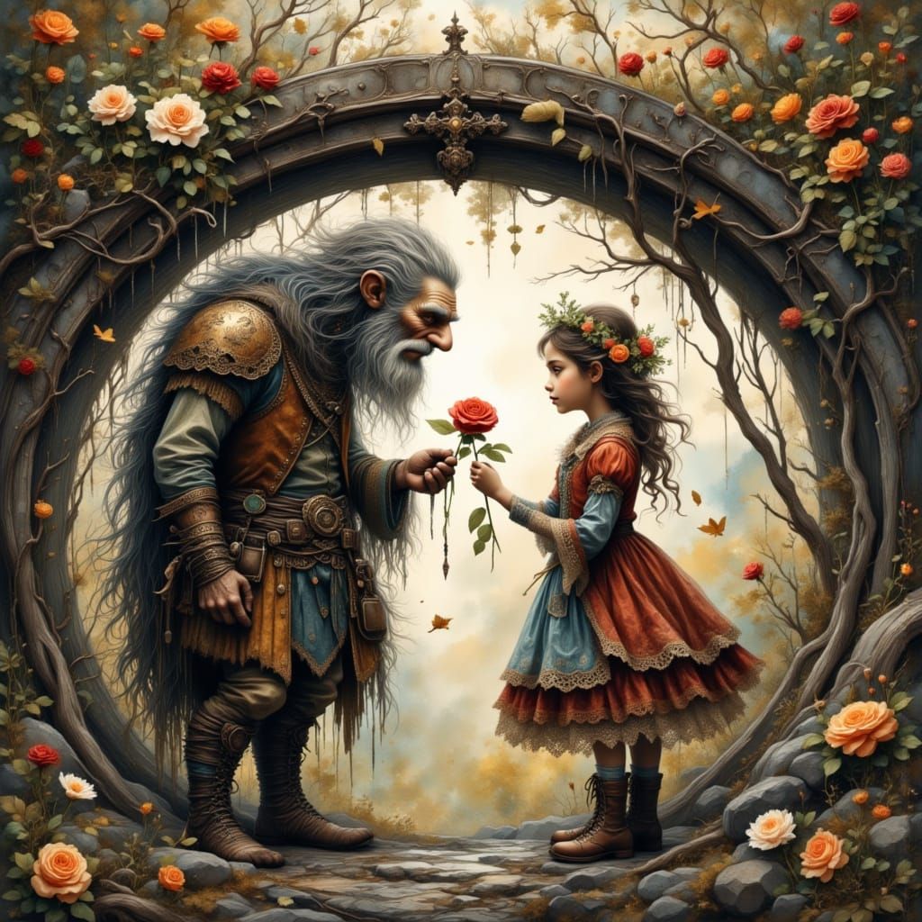 Troll Offers Rose Under Floral Bridge, Whimsical Style