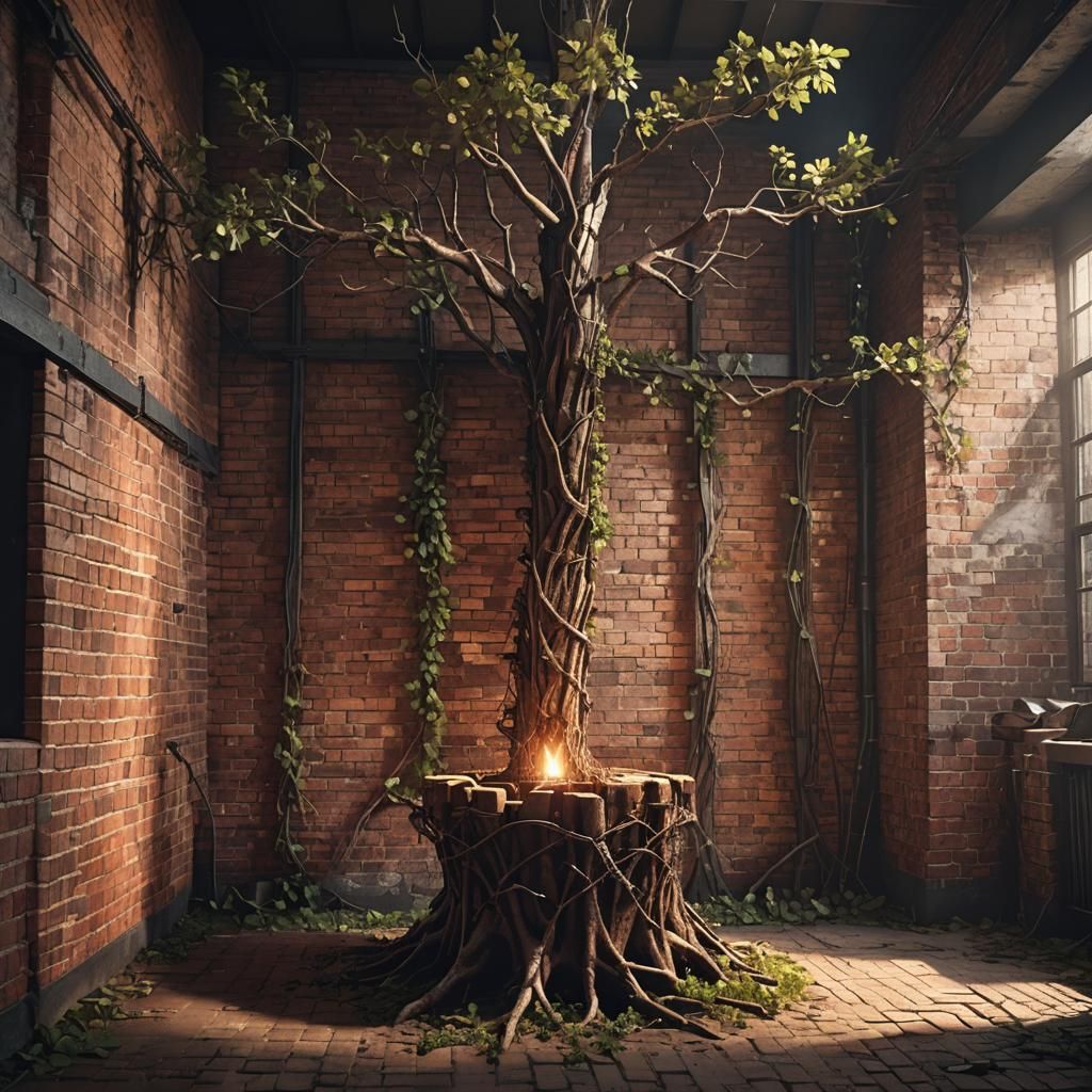 Industrial Nature: Tree Trunk in Brick and Metal