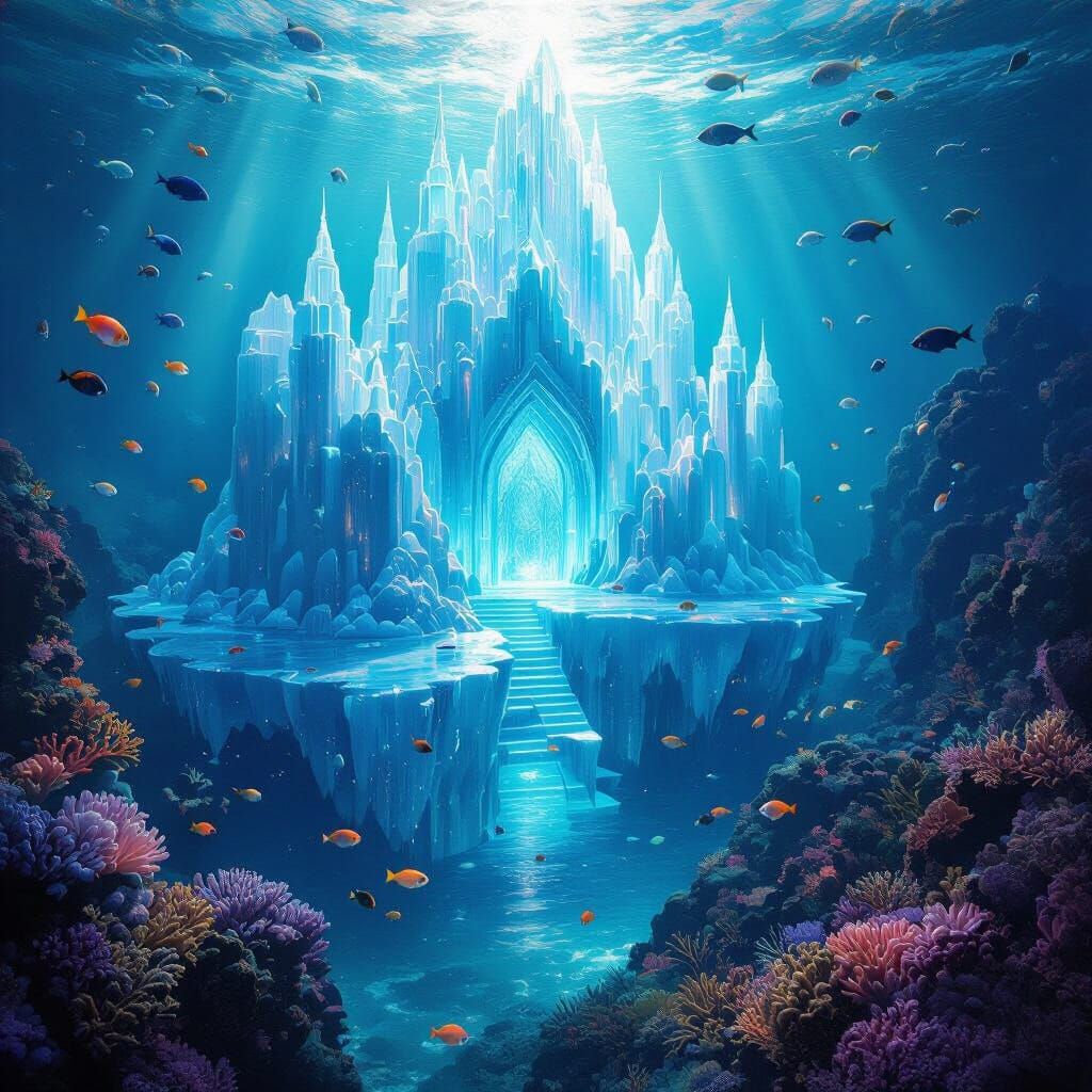 Underwater Ice Palace with Bioluminescent Coral