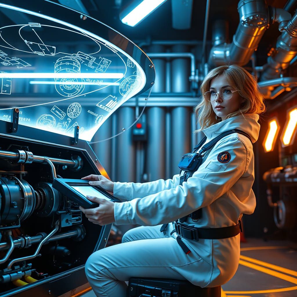 Futurepunk Spaceship Engineer in Industrial Futurism Style
