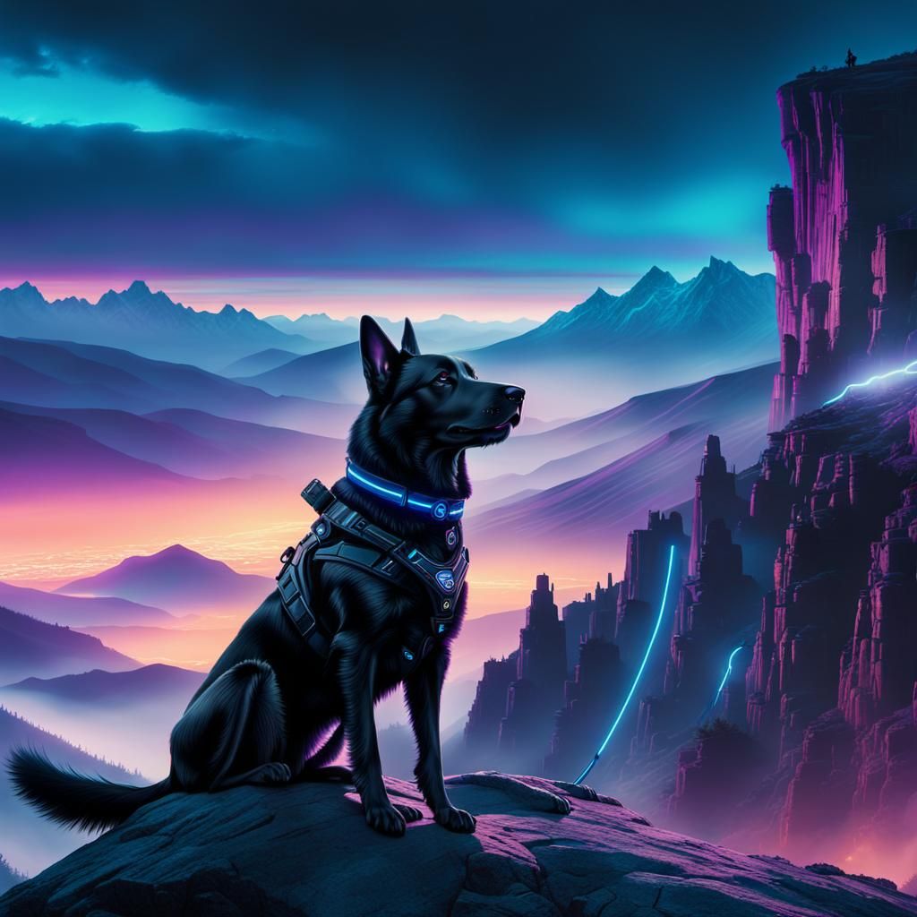 Cyberpunk Dog Lounging Above Futuristic Mountains