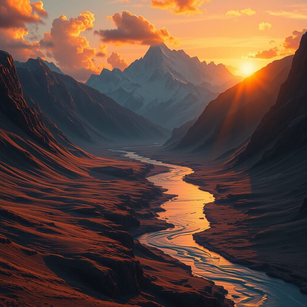 Serene Mountain Valley at Sunset with Majestic Peaks