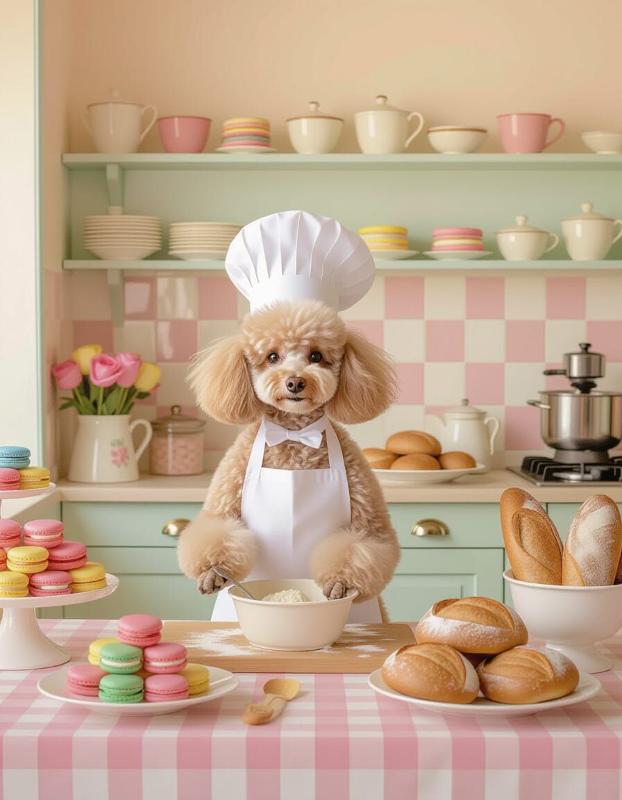 Poodle Chef Baking Macarons: Impressionist Style