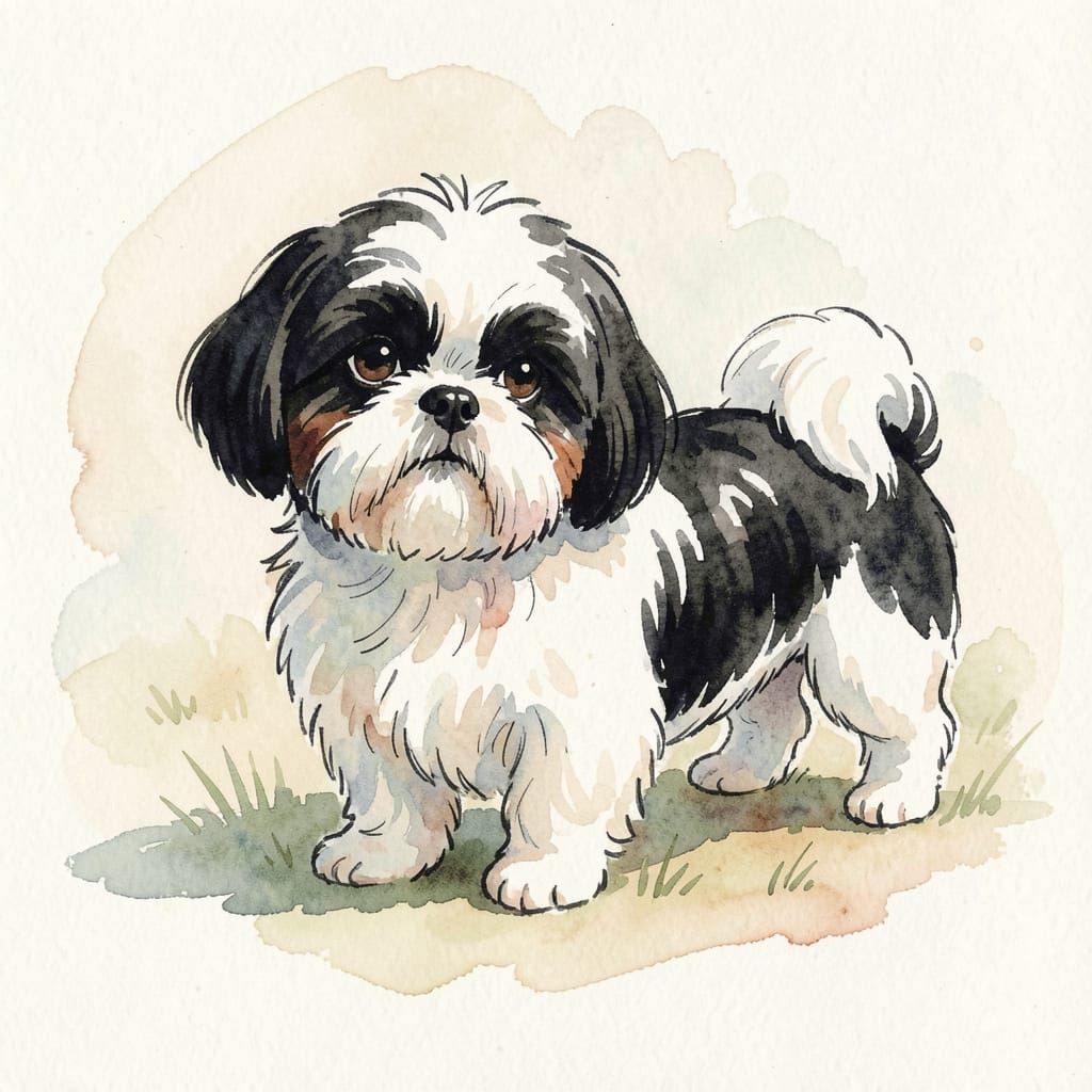 Playful Black and White Shih Tzu in Watercolor Style