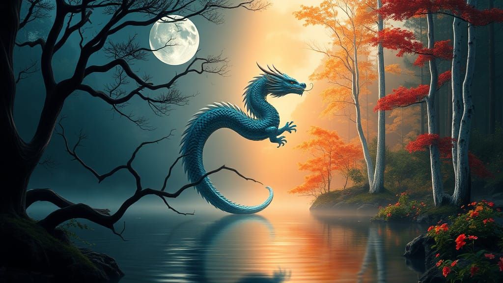 Ethereal Balance: Serene Forest Landscape with Iridescent Dr...