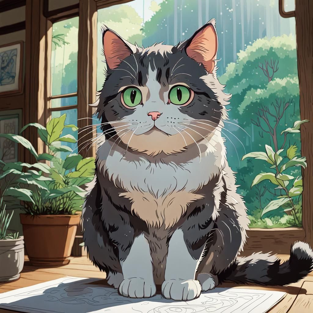 Charming Cat Line Drawing in Anime Style