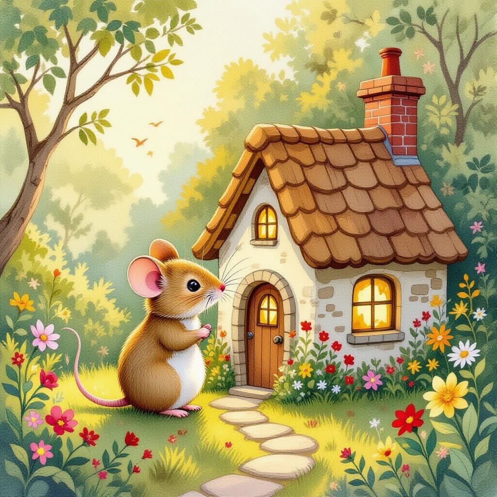 Whimsical Mouse House in Watercolor Style