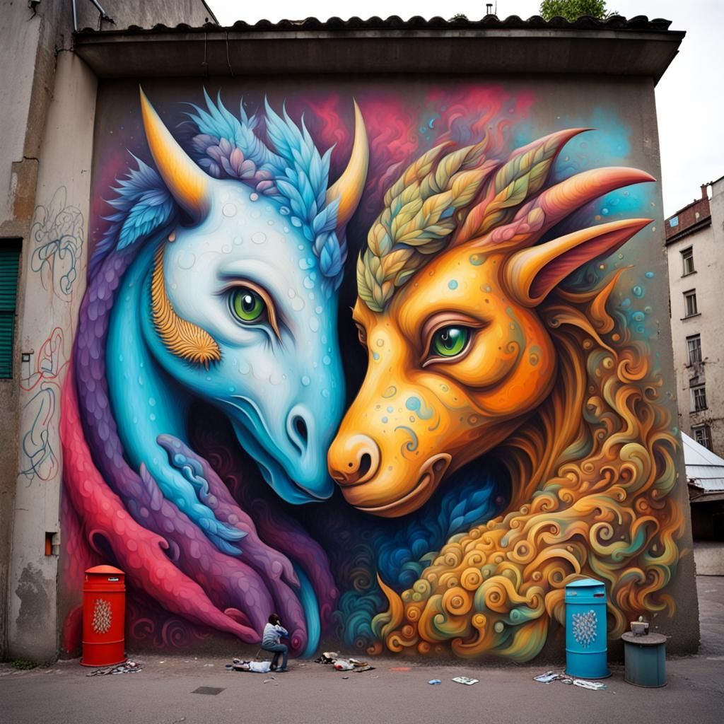 Harmonious Graffiti Art: Humans and Fantastical Creatures