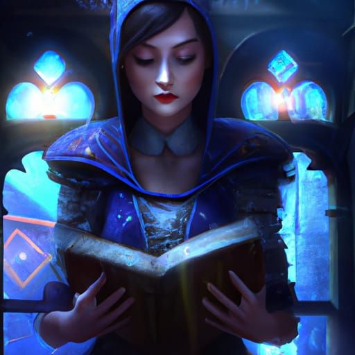 Medieval Woman Reading in Gothic Library: Dark Fantasy
