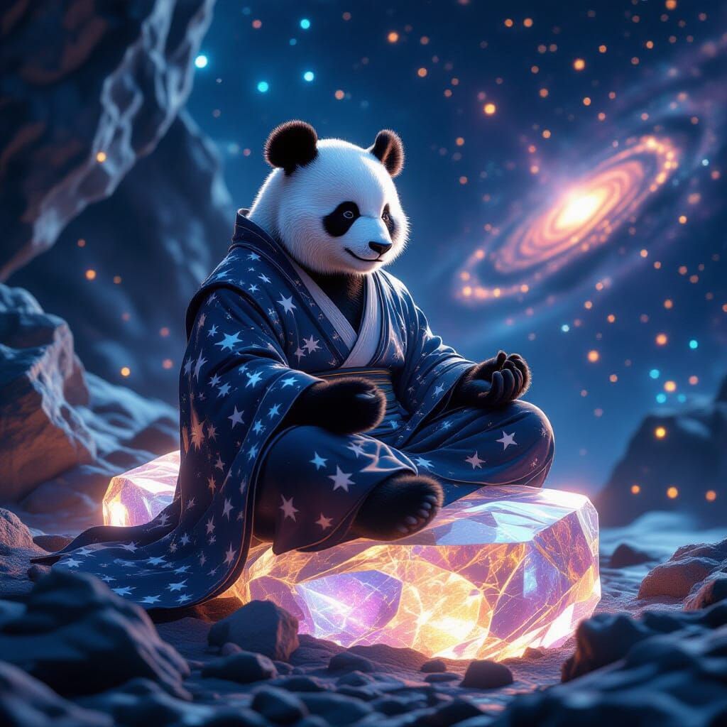 Wise Panda Meditating on Asteroid in Cosmic Scene