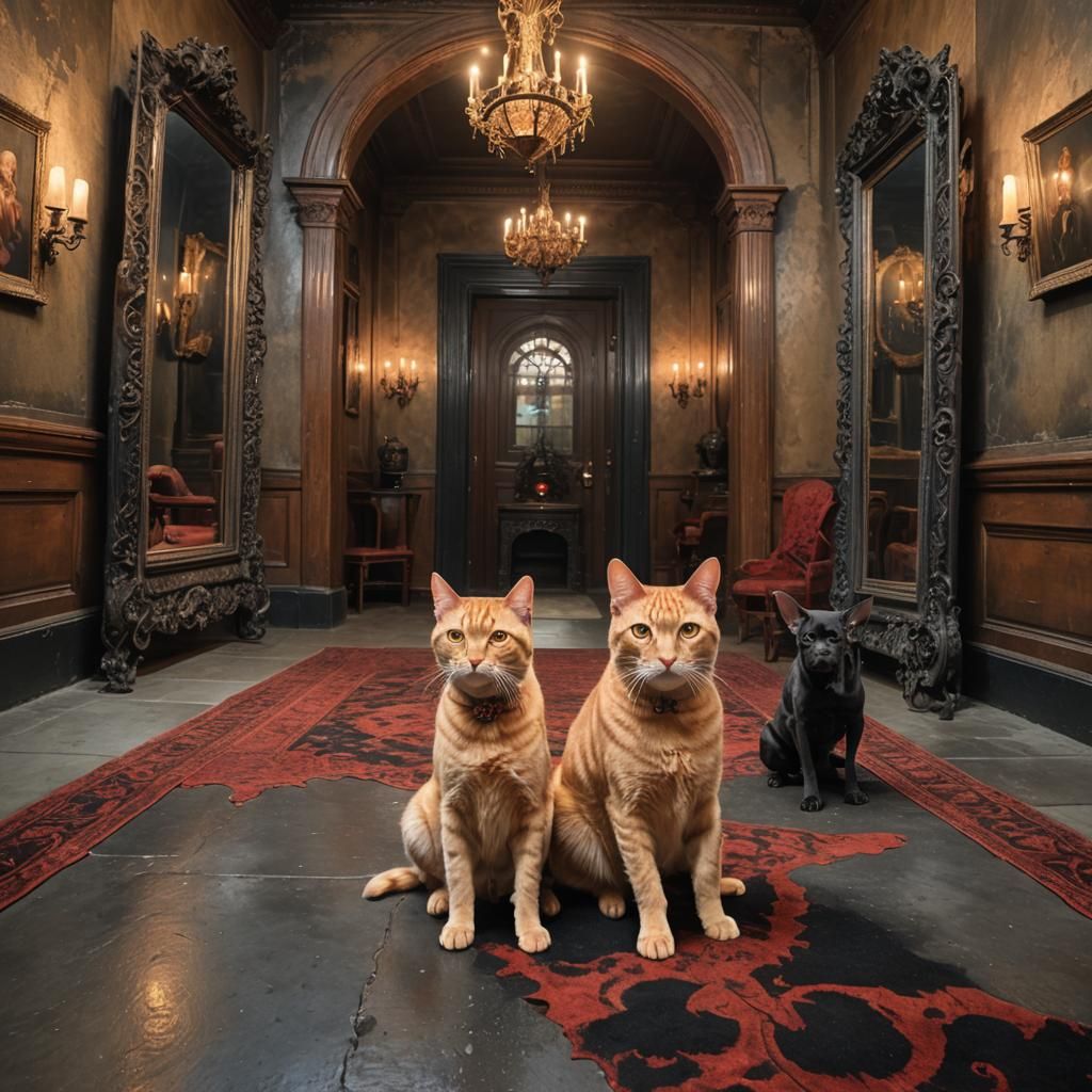 A Hyperrealistic Pinhead orange Garfield style Tabby Cat, demonic glowing Bright red eyes, facing off against a snarling...