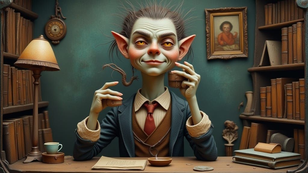 Whimsical Folk Art Character Enjoys Coffee in Study