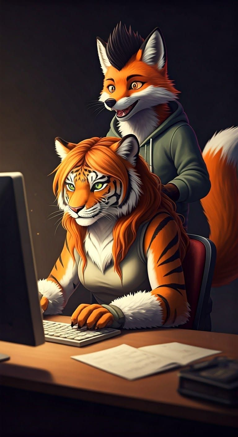 Cinematic Film-Style Portrait of a Tigress and Fox Working T...