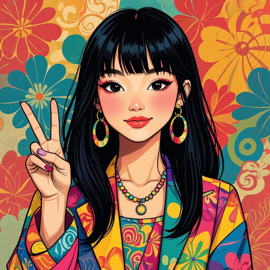 Asian Girl Giving Peace Sign in Vinylist Style