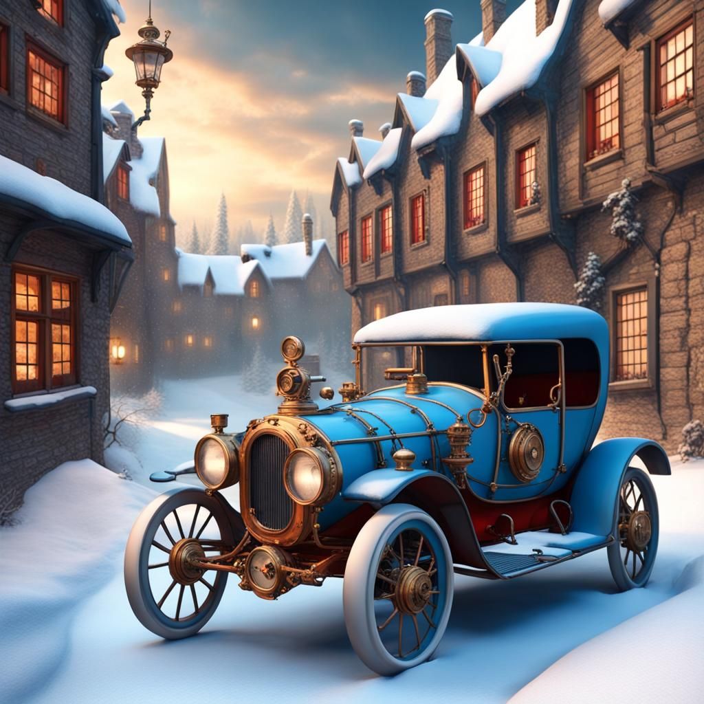 Steampunk Winter Landscape with Futuristic Car