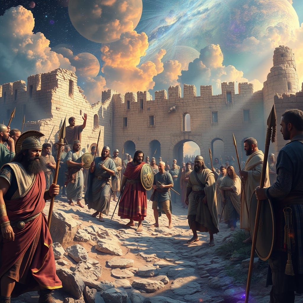Jericho Walls Crumble: Biblical Warriors in Astral Scene