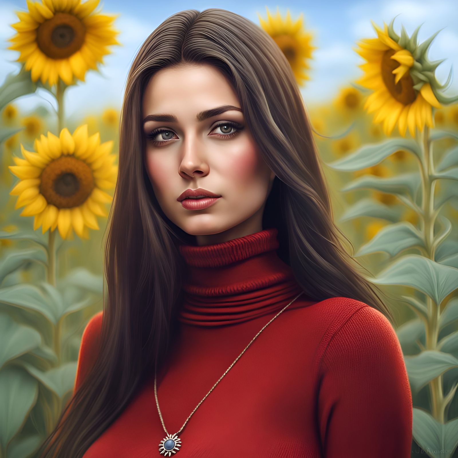 Brunette Girl in Sunflower Field: Detailed Matte Painting