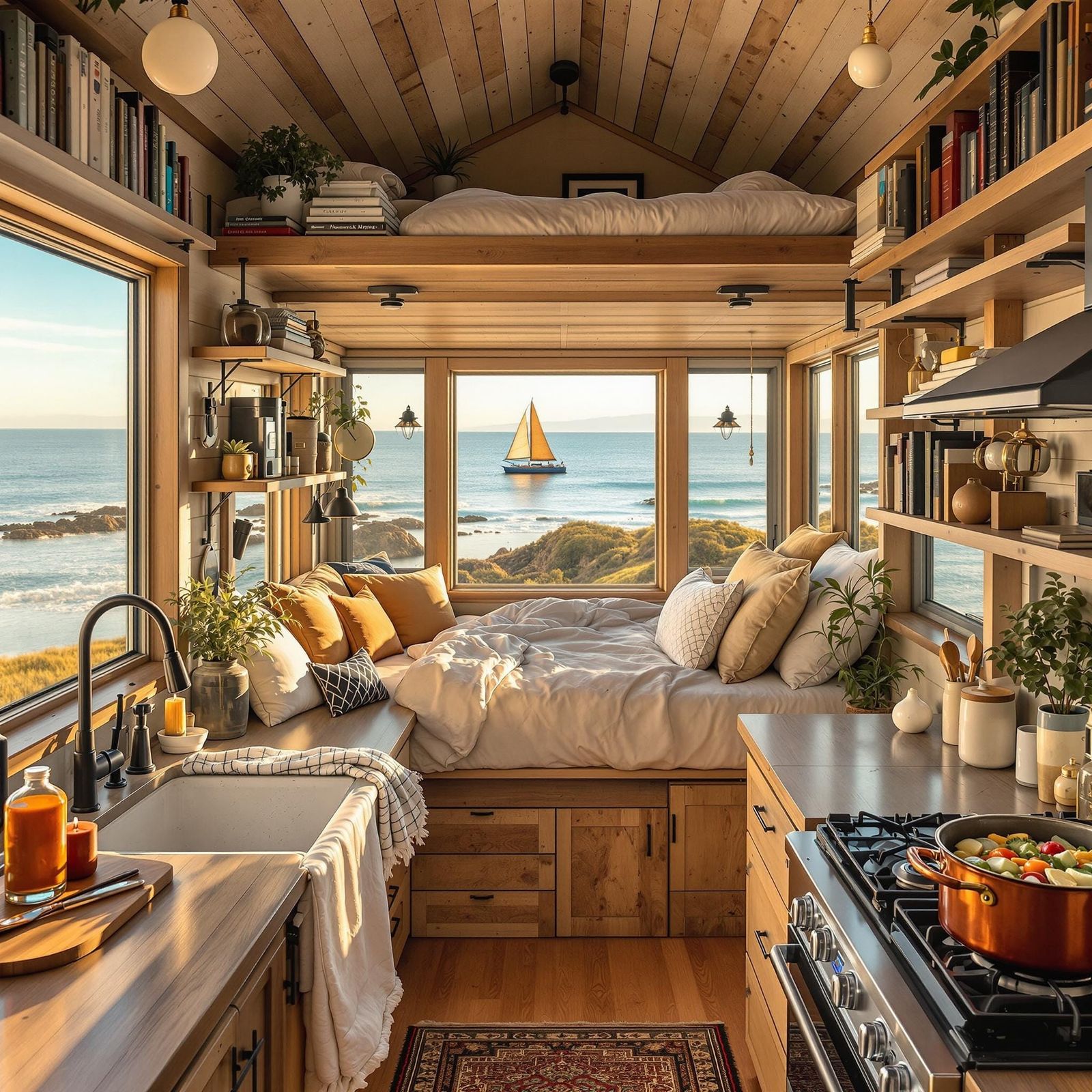 Cozy Tiny House Interior with Ocean View