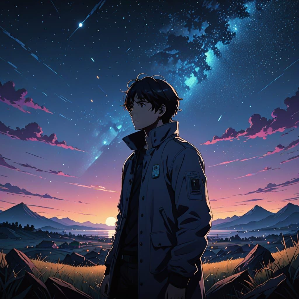 Melancholic Anime Masterpiece: Lonely Figure Under Starry Ni...