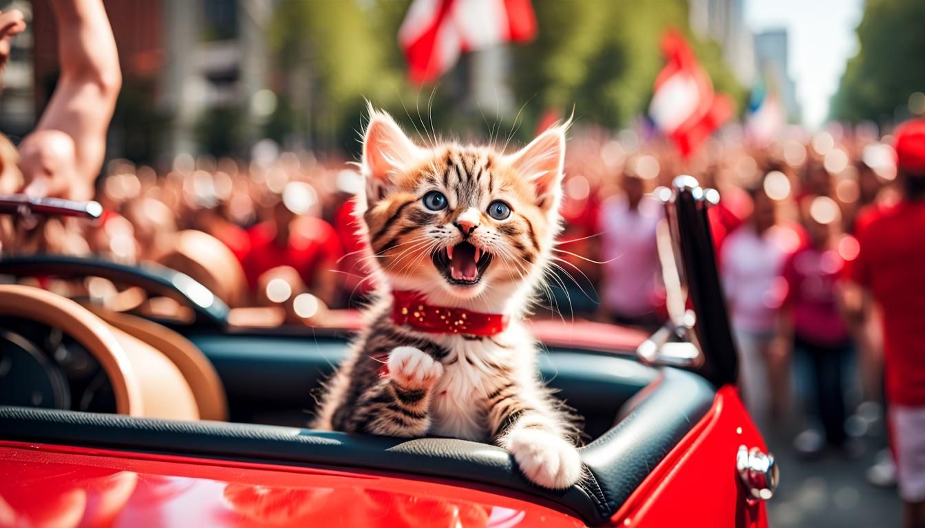 Proud Kitten Waving From Red Convertible