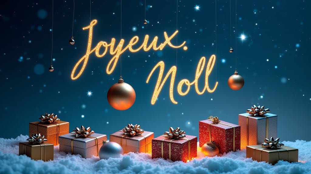 Surreal Winter Wonderland with Glowing Gifts and Celestial S...