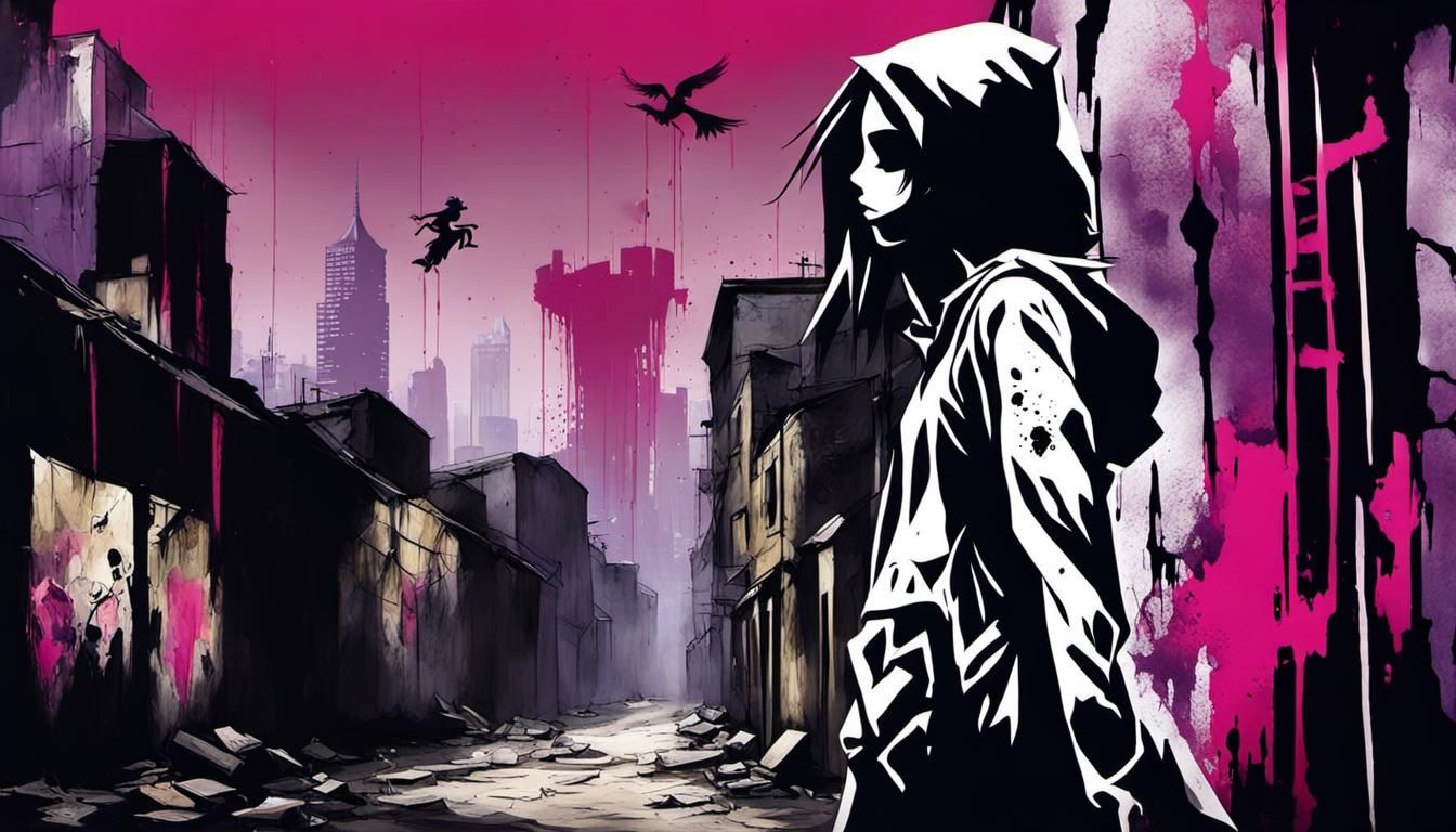 Haunted Anime Girl in Dystopian Banksy Cityscape