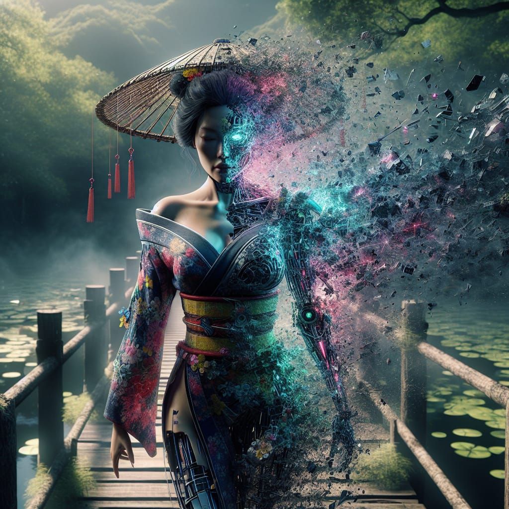 Cyborg Geisha's Energy Transformation on Swamp Bridge