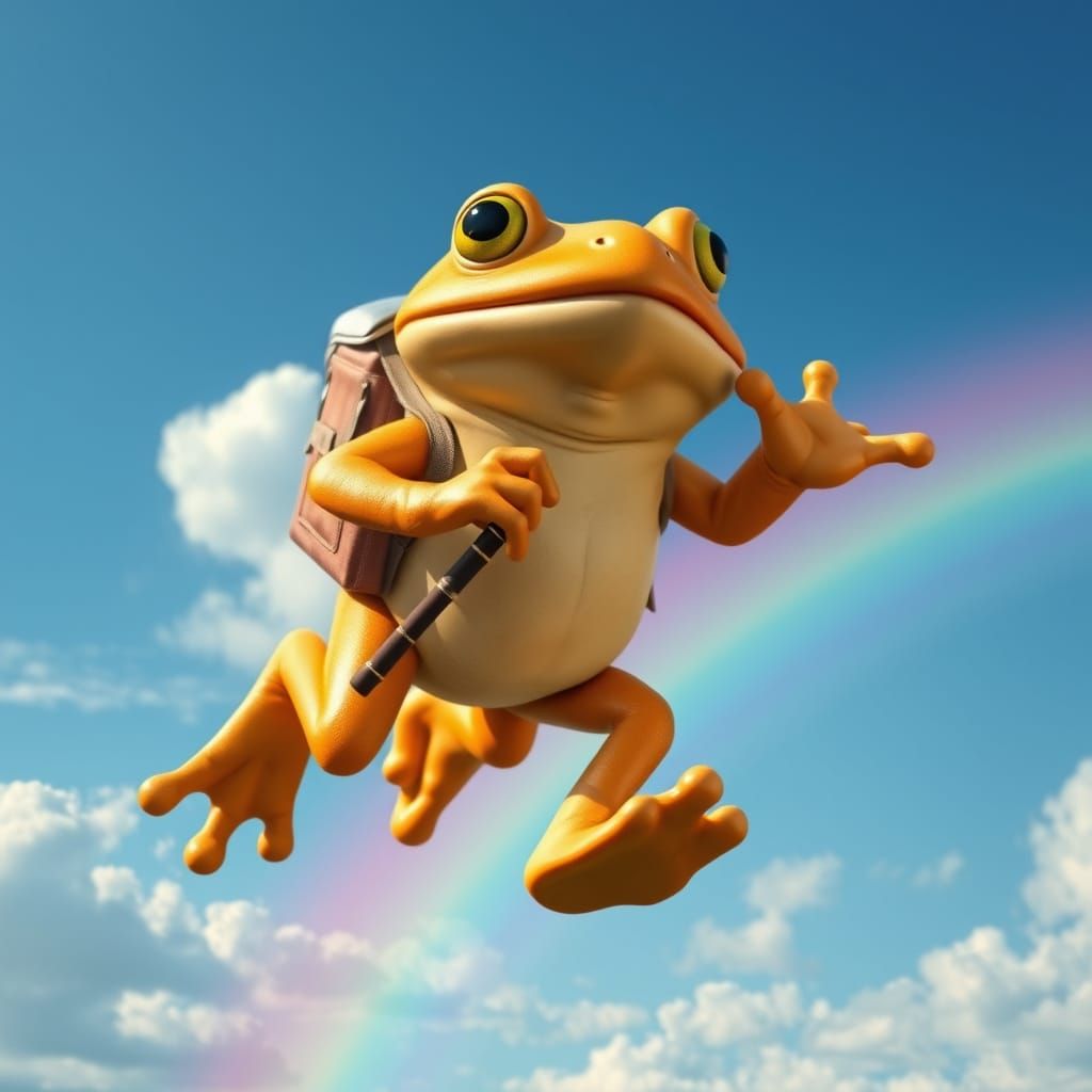 Golden Frog Leaps Across Vibrant Rainbow Sky