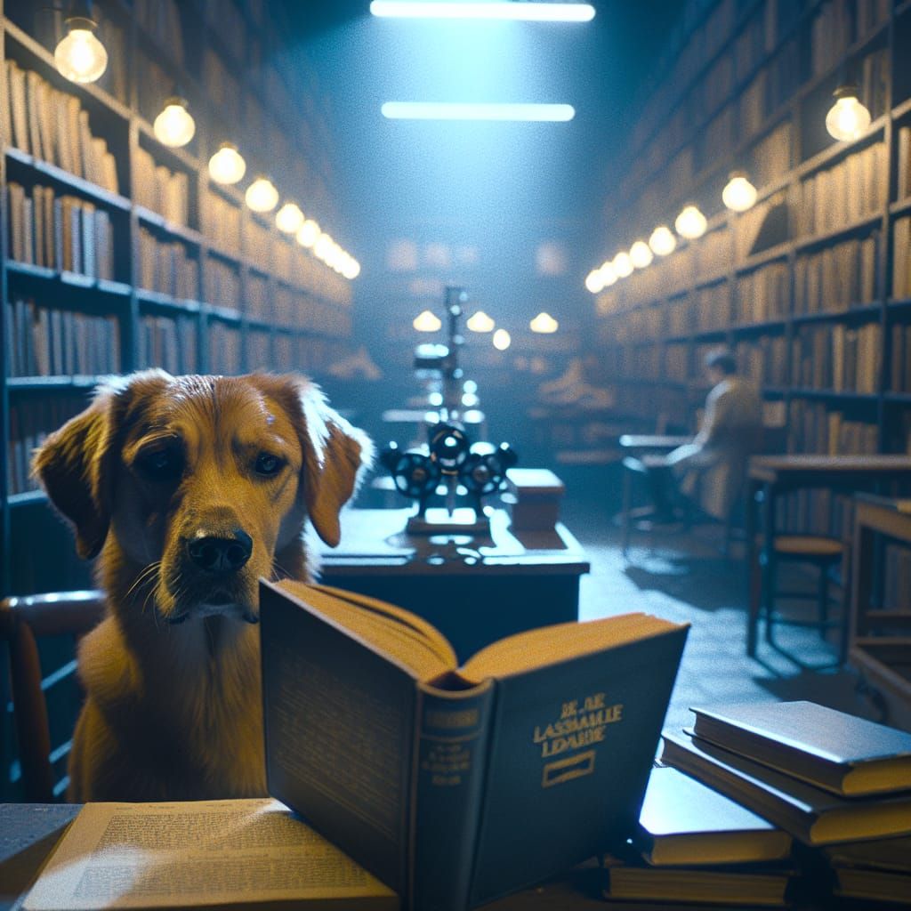 Cinematic Dog Reads Book in Library