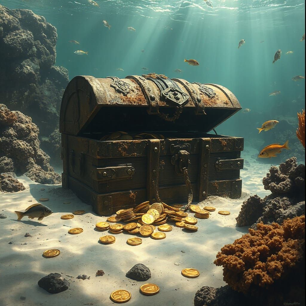 Sunken Treasure Chest with Shimmering Fish