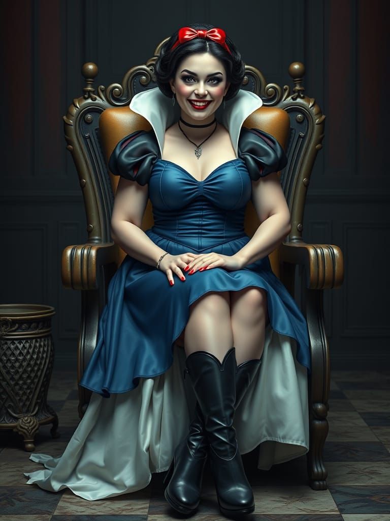 Evil Snow White in Latex Minidress Sitting on Chair