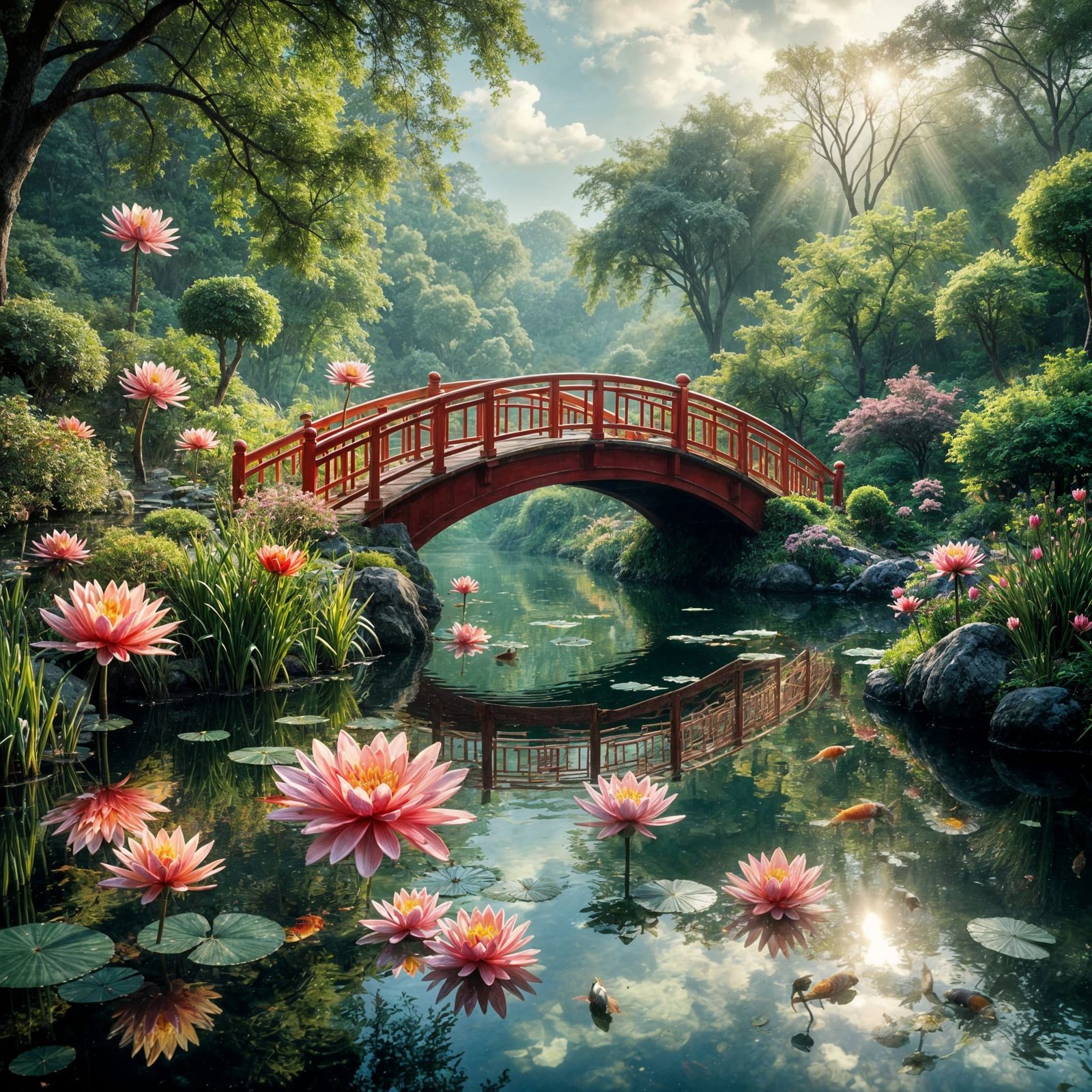 Glowing Zen Garden Island with Koi Pond and Red Bridge