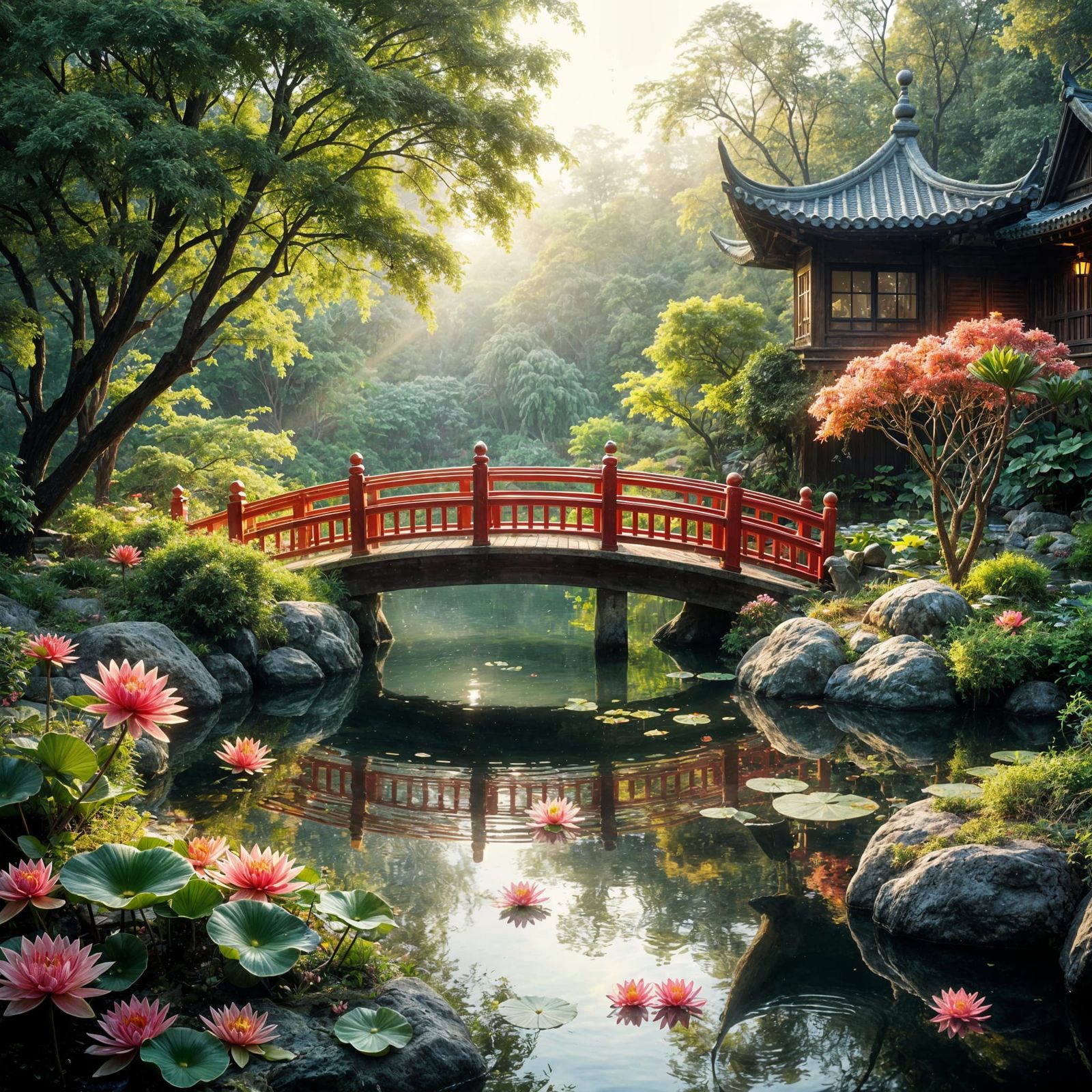 Ethereal Zen Garden with Glowing Lilies and Koi