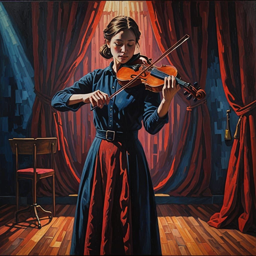 Woman Plays Violin Under Mysterious Shadows in a Post-Impres...