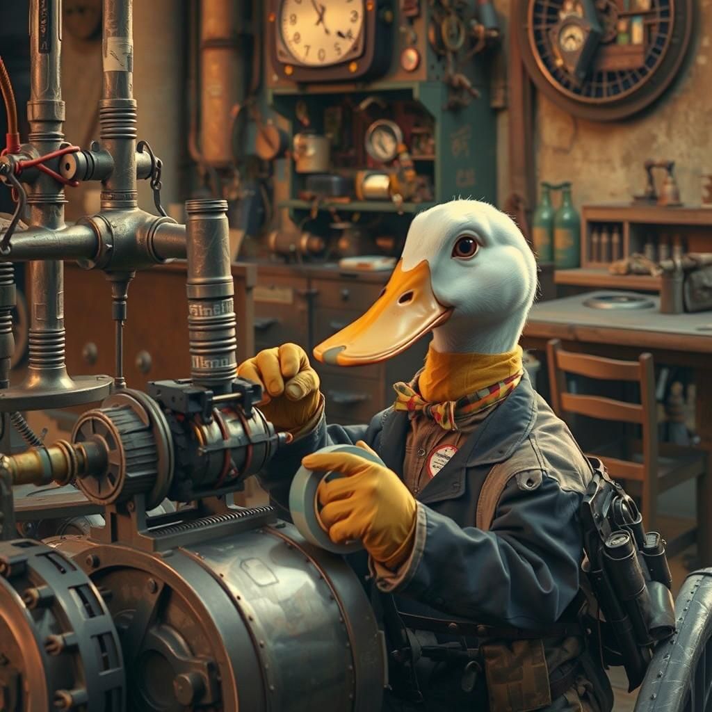 Anthropomorphic Duck Repairs Contraption in Kley Style