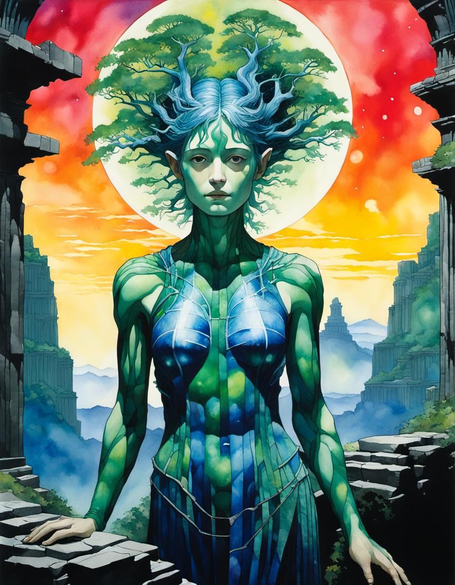 Dryad Traveler in Ancient Ruins, Cel-Shaded Watercolor