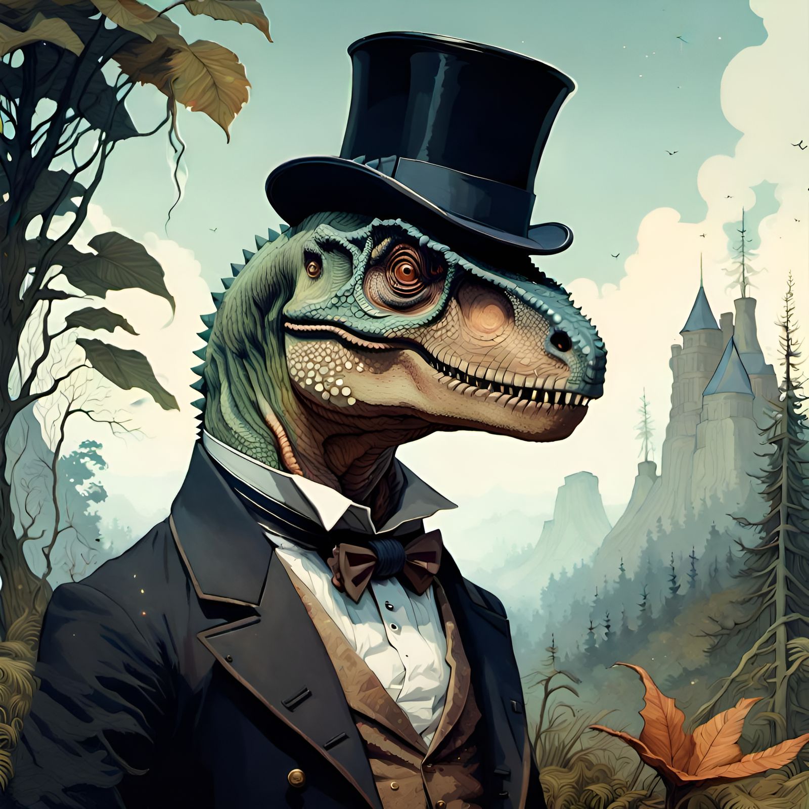 Dapper Dinosaur in Romantic Landscape, Digital Illustration